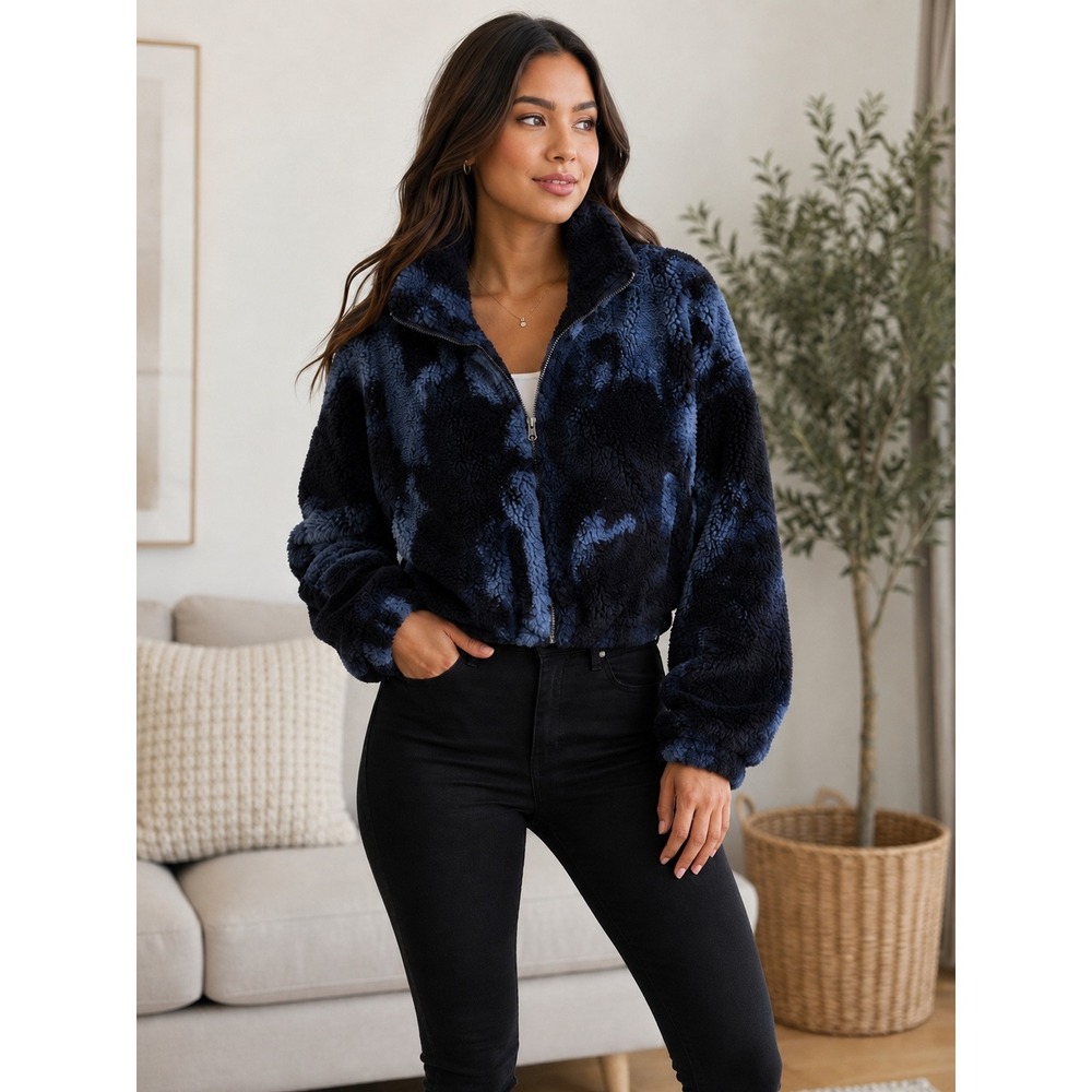 Urban Outfitters Jacket Teddy Fleece Zip Up Small Blue Tie Dye Cropped